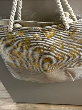 Striped Canvas Tote with Gold Shell Accents 17 x 20 inches